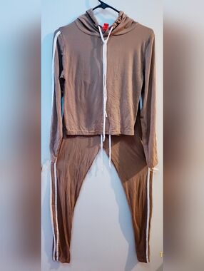 Women's Taupe Hooded Track Set with White Stripe